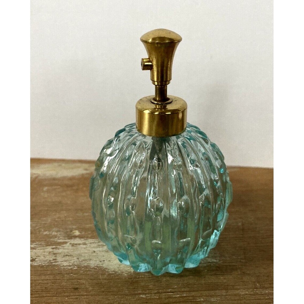 Vintage perfume glass bottle atomizer Irice Japan ice blue glass round notched